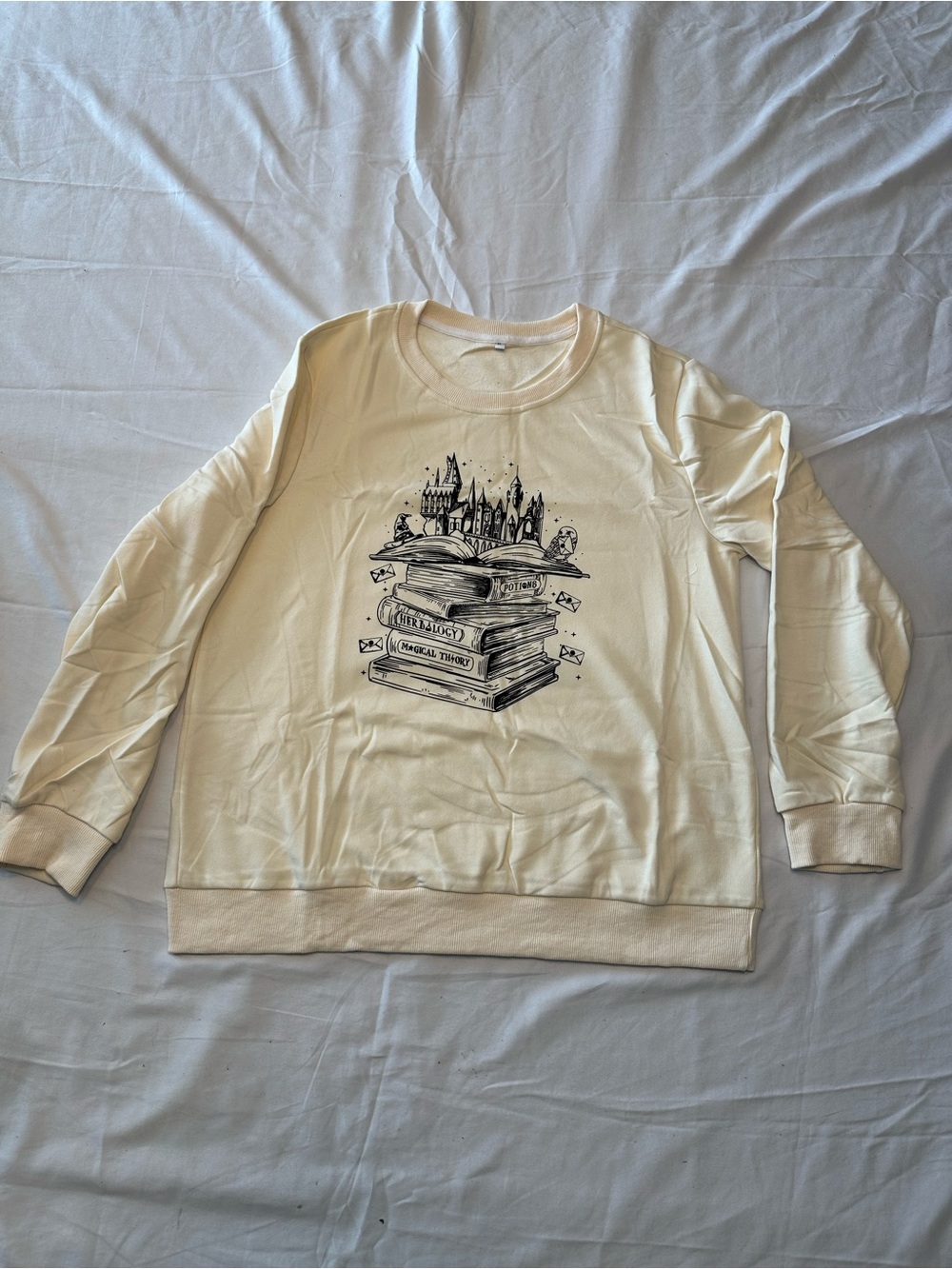Cream Graphic Crewneck Sweater - Stacked Books Design